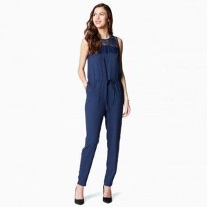Charming Charlie Navy Blue Jumpsuit Lace Fringe Tie Waist Boho‎ Size S Bohemian